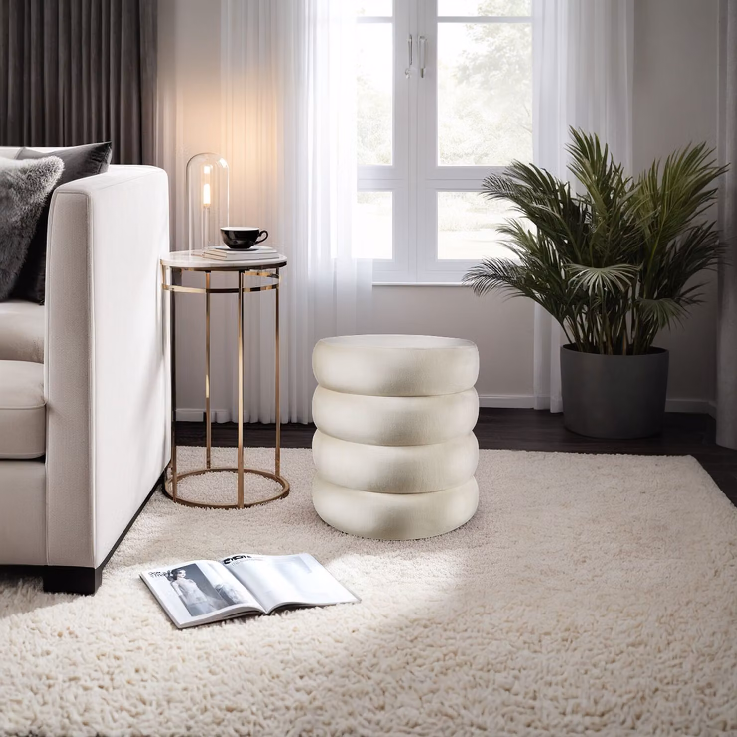 Sgabello imbottito Tectake con spazio interno in velluto beige e bianco – 2
