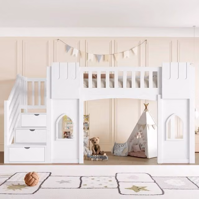 Letto a castello alto 90x200 cm con scala contenitore; struttura in pino e MDF; bianco per cameretta