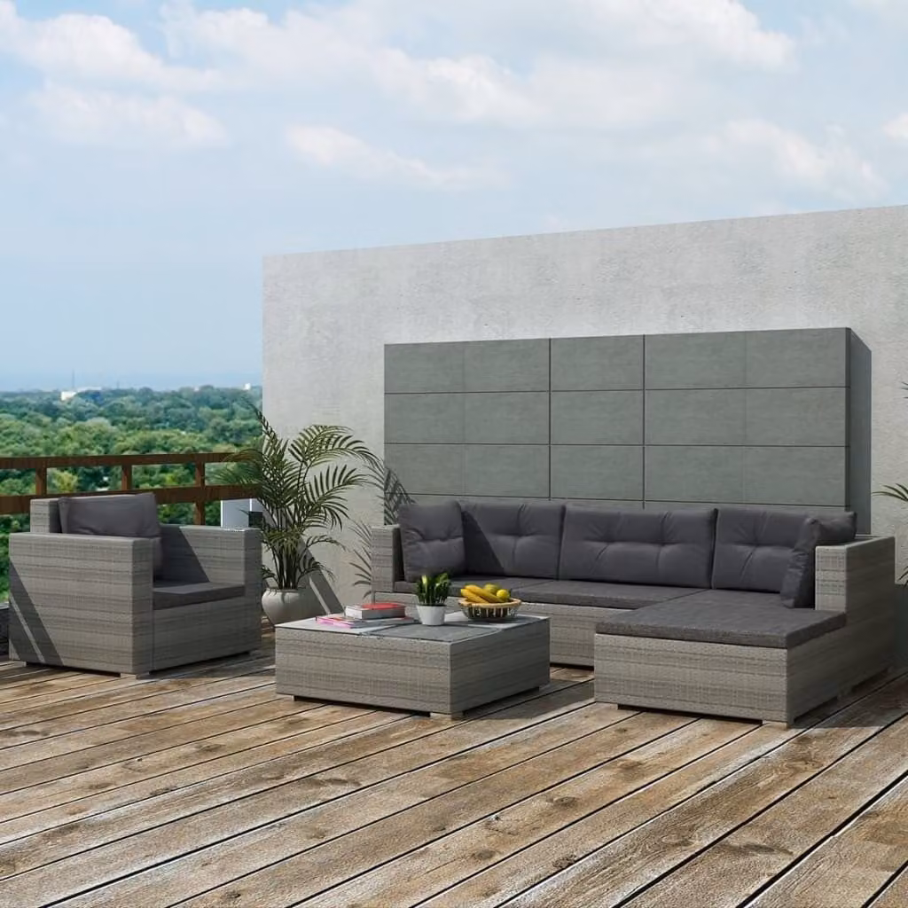 The Living Store Set da giardino da 6 pezzi con cuscini in poly rattan grigio