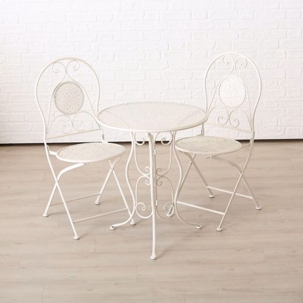 Mobili da giardino LILLI tavolo bistrot in metallo bianco con 2 sedie pieghevoli in stile country house