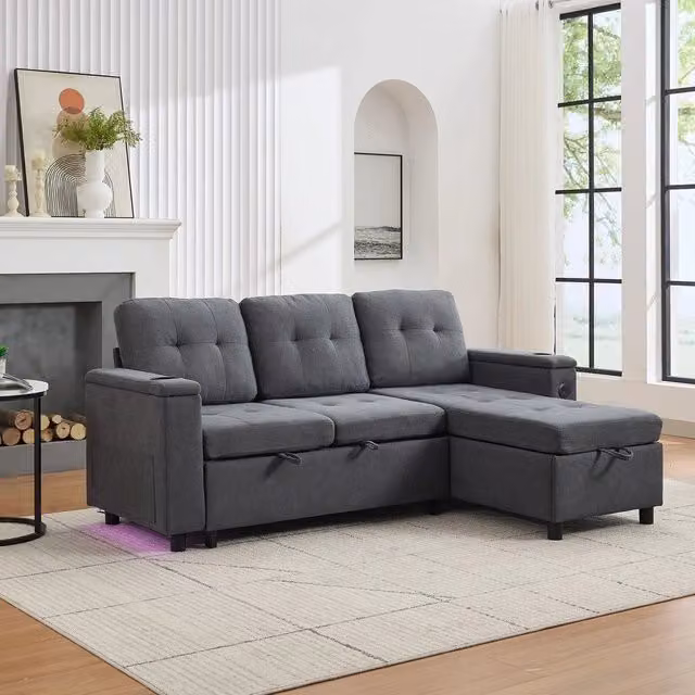 Divano Letto Angolare Treviso 3 Posti ¨C Minimal ¨C Grigio Tessuto con Cassetti LED 208x146x89,5cm