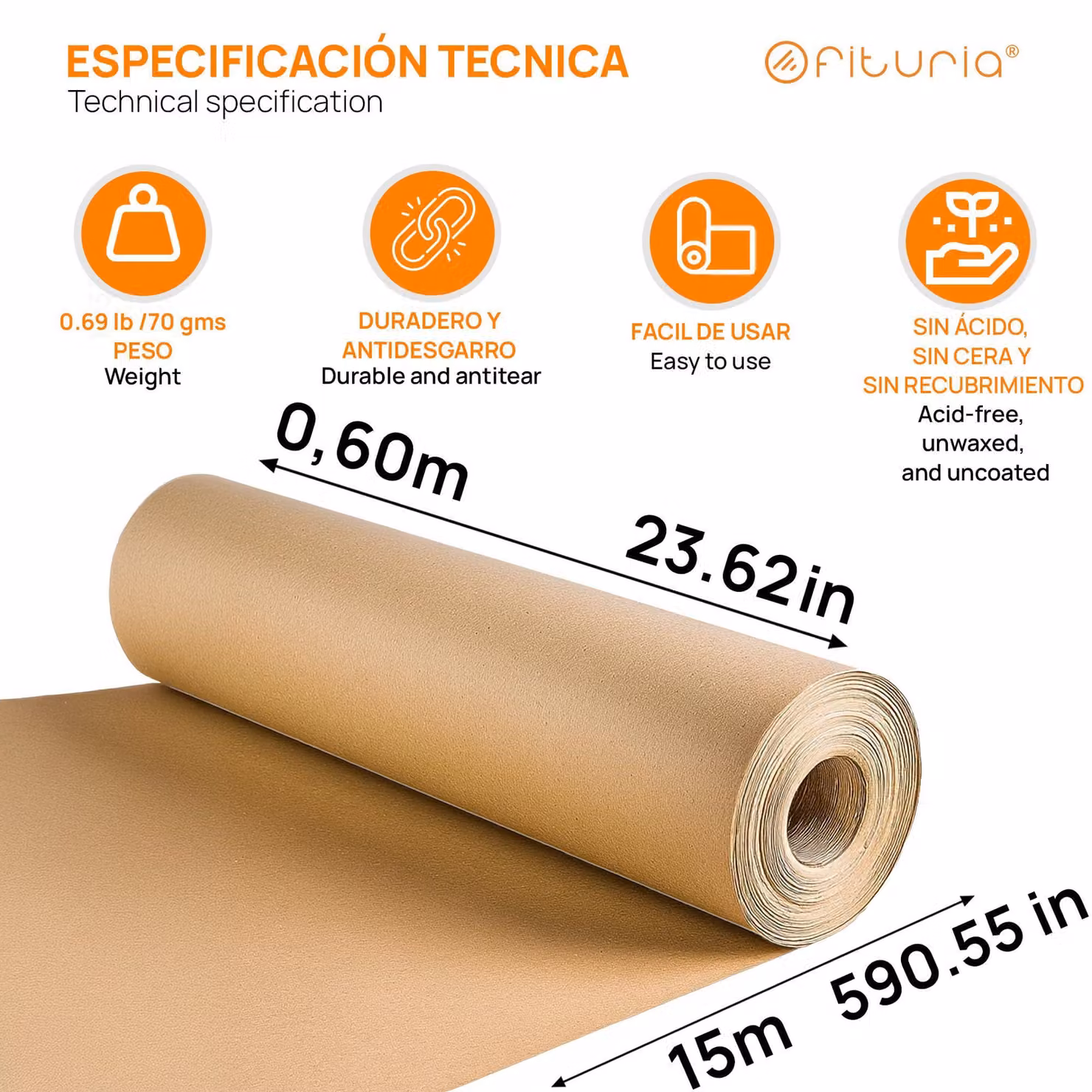 Rotolo di carta kraft, dimensioni 0,60 x 15 metri, confezione da 3 pezzi, grammatura 70 g/m², colore marrone naturale, ideale per imballaggi