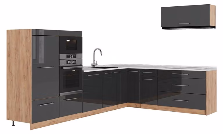 Cucina angolare completa Vicco Fame-Line Antracite lucido/Rovere dorato 327 x 227 cm, PL Marmo, Model 64386
