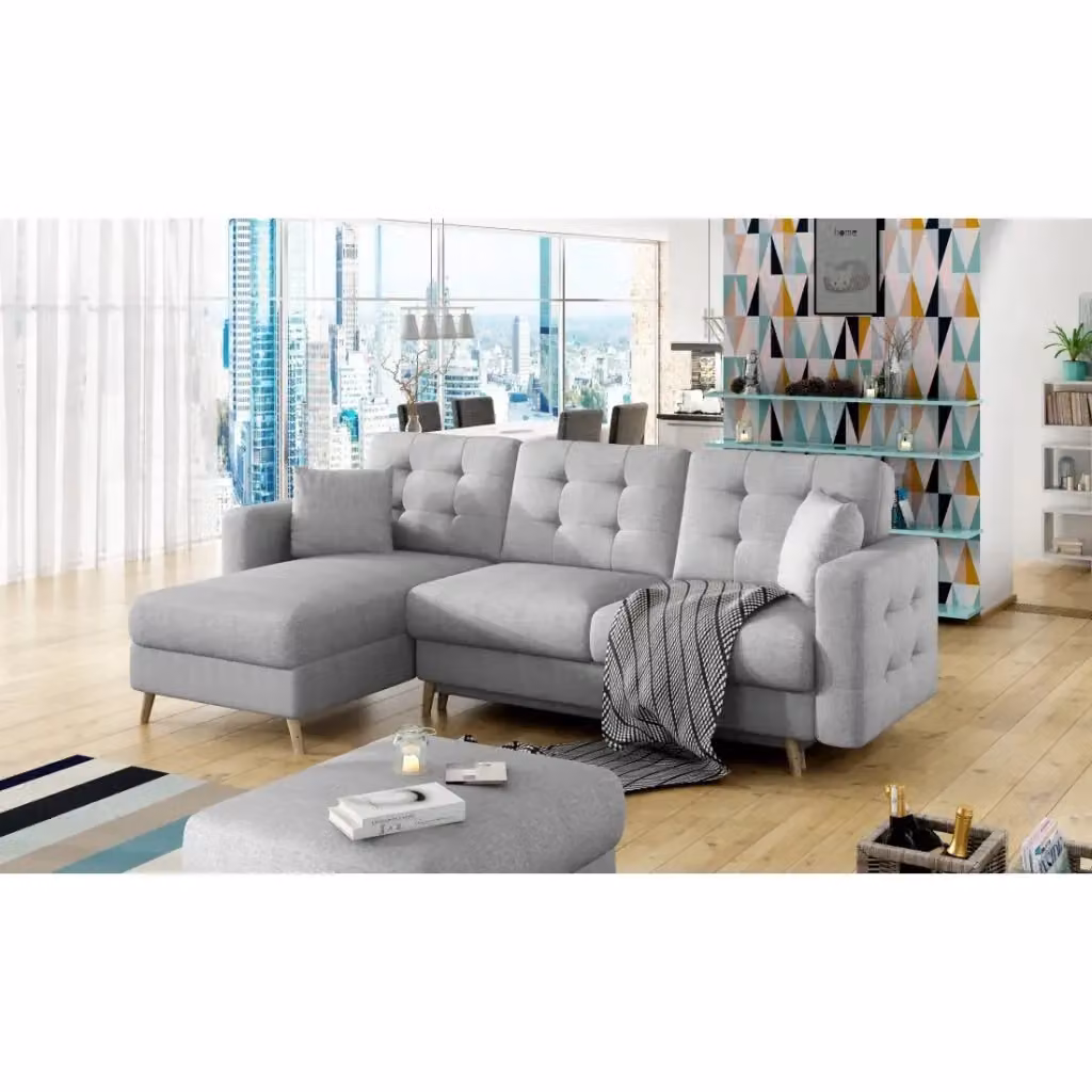 Divano angolare convertibile MEUBLORAMA HASGARD grigio in tessuto con funzione letto e contenitore, stile scandinavo, L/P/H: 248 x 162 cm – 2