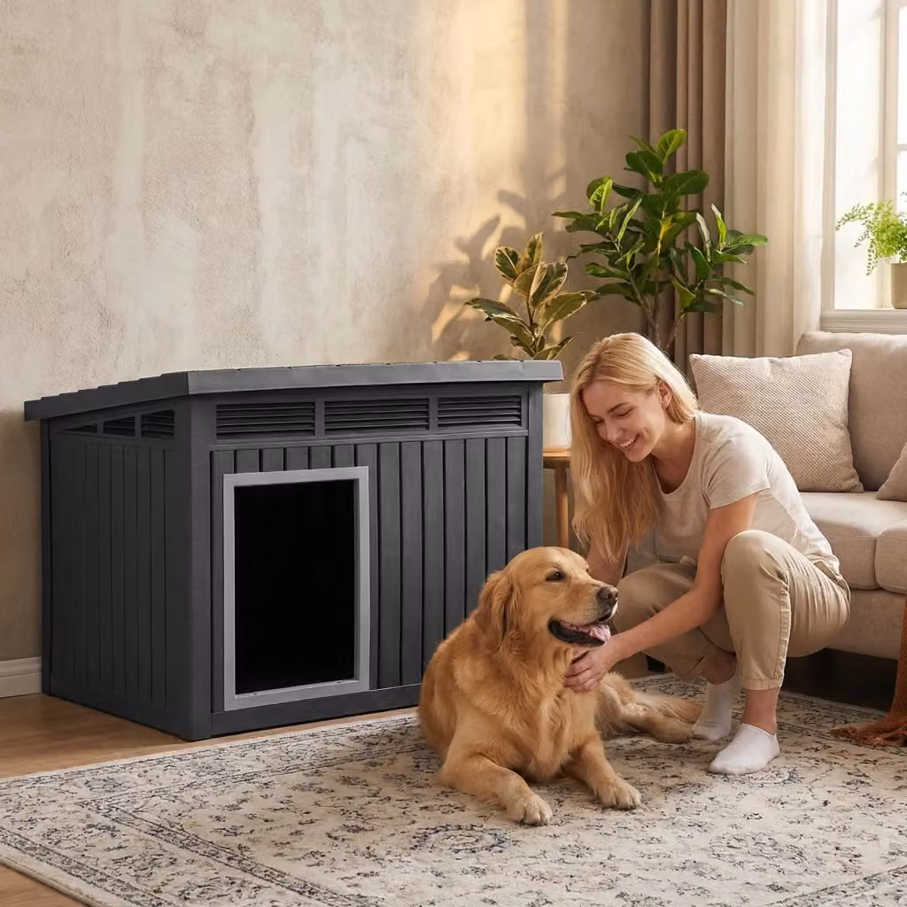 Cuccia per cani e gatti DESIGN IN con tetto inclinato apribile e pavimento rialzato, cassetta per animali in plastica resistente alle intemperie, nero e grigio – 2