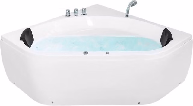 Vasca idromassaggio ad angolo Beliani in acrilico bianco per 2 persone con getti massaggianti, poggiatesta e luci a LED, L/P: 140 x 140 cm
