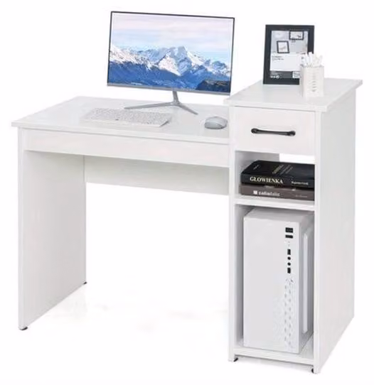 Scrivania bianca in legno MDF con vano portaoggetti integrato e piano di lavoro rialzato