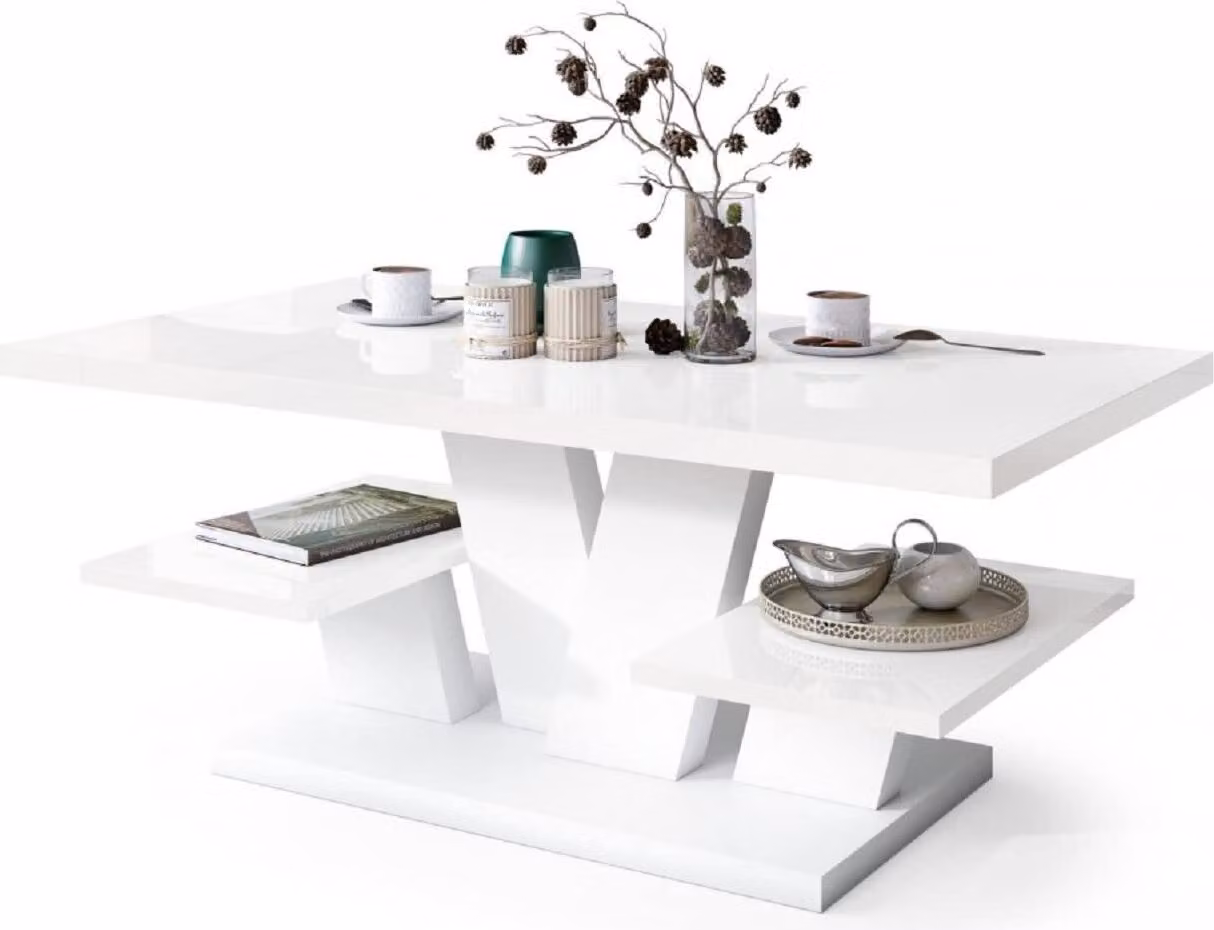 All4All Tavolino Valerio, tavolino da salotto, tavolino da caffè, tavolino con ripiani, tavolino da pranzo, coffee table, 110x60 cm, 05, bianco lucido + bianco