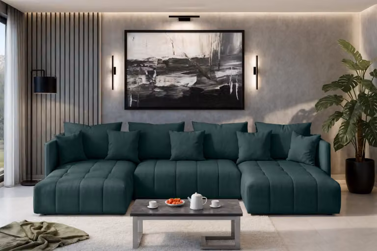 AX LIVING divano angolare verde divano a U con funzione di letto Veliro U, 353 cm