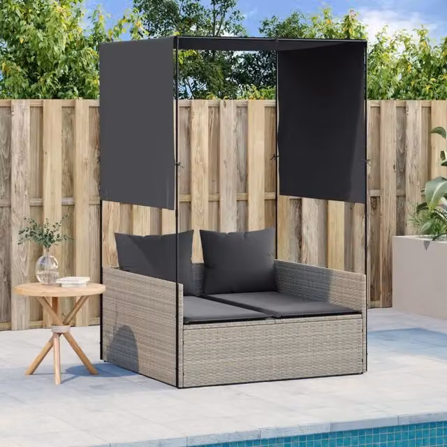 Lettino Prendisole Tetto e Tende Grigio Chiaro in Polyrattan 4002760