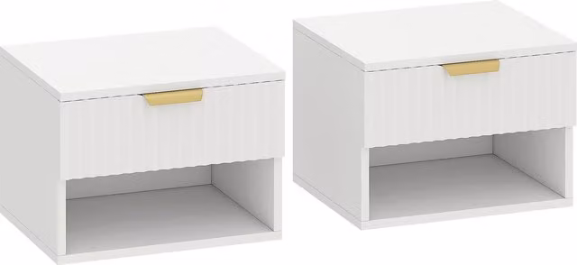 Set di 2 Comodini Sospesi HOMCOM con Pannelli Scanalati, Cassetto e Ripiano, Bianco e Oro, L 40 cm x P 34 cm x H 29 cm
