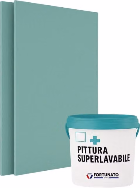 Set di 1 idrolastra in cartongesso BA13 resistente all'umidità con bordi smussati Fortunato, colore bianco, L: 120 cm, H: 200 cm, spessore 12,5 mm, con pittura superlavabile in resina sintetica da 2,5 l – 1