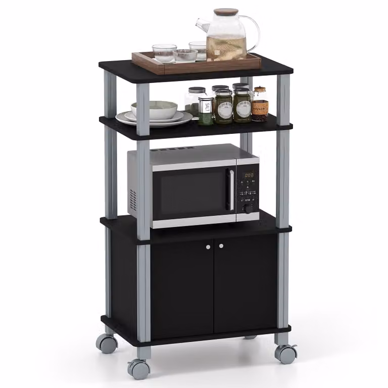 COSTWAY Scaffale da cucina per microonde, scaffale per microonde su rotelle, scaffale da appoggio per cucina, carrello da cucina laterale scaffale domestico nero