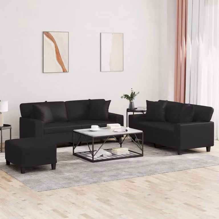 Set di 3 divani vidaXL in similpelle nera con cuscini per soggiorno in stile moderno