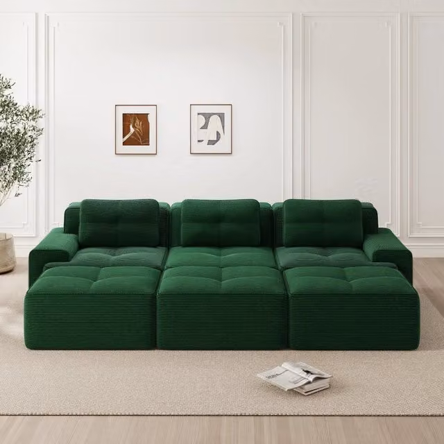 Divano modulare OKWISH con funzione letto in tessuto a coste verde per il tuo soggiorno