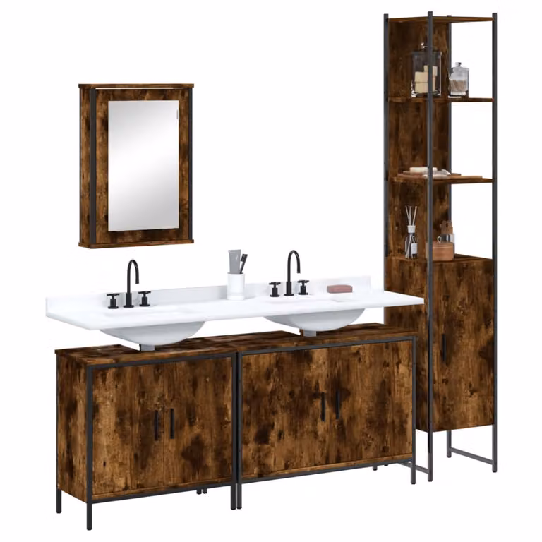 Set di mobili da bagno vidaXL 4 pezzi in legno rovere marrone stile industriale con armadietto specchio, mobile lavabo e colonna alta