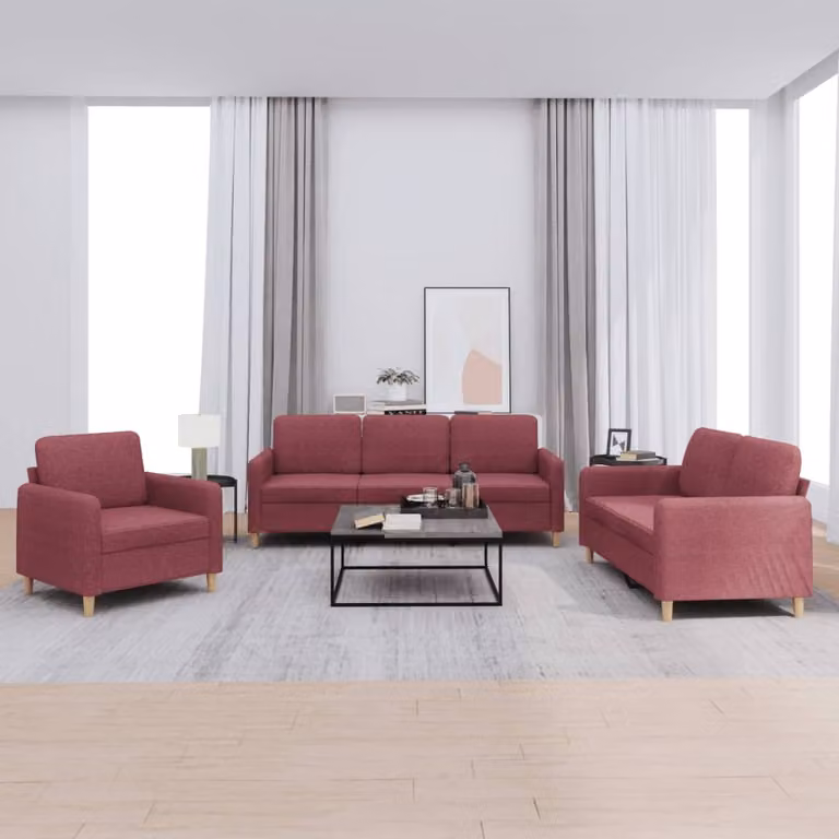 Set di divani da soggiorno vidaXL in tessuto rosso composto da un divano a 3 posti e un divano a 2 posti con cuscini inclusi