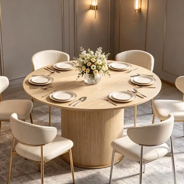 Tavolo da pranzo - rotondo per 4-6 persone - Ø120x75 cm - base cilindrica scanalata - effetto legno naturale