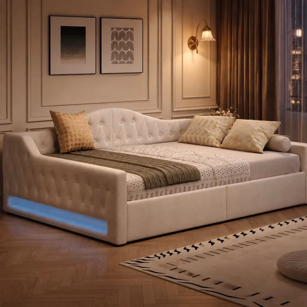 Letto matrimoniale moderno imbottito in tessuto beige con vano contenitore a sollevamento e illuminazione LED sotto il letto L/P/H: 140 x 200 x 76,9 cm – 2