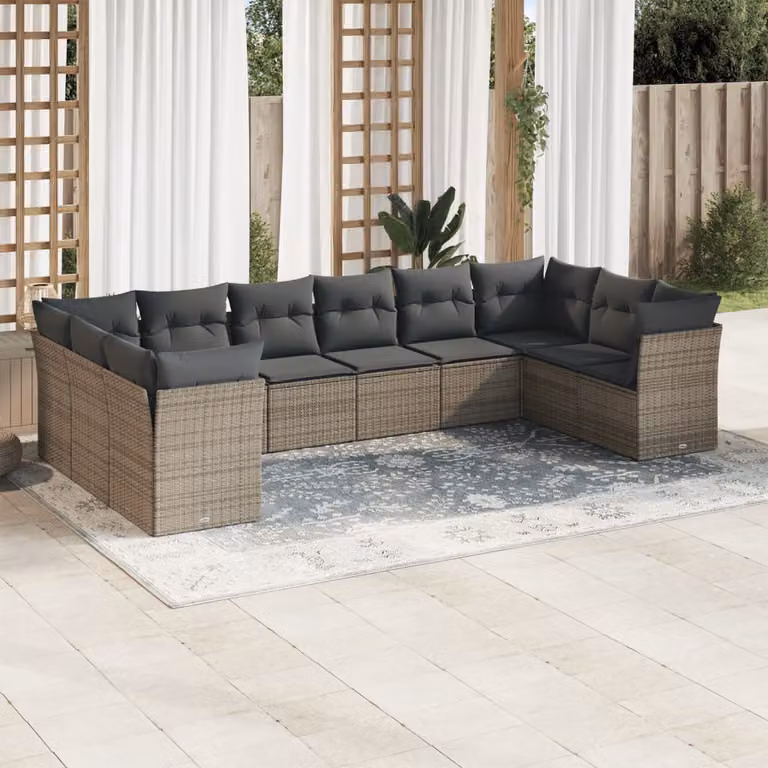vidaXL Set Divano da Giardino a L 10 pz con Cuscini Grigio in Polyrattan e Acciaio
