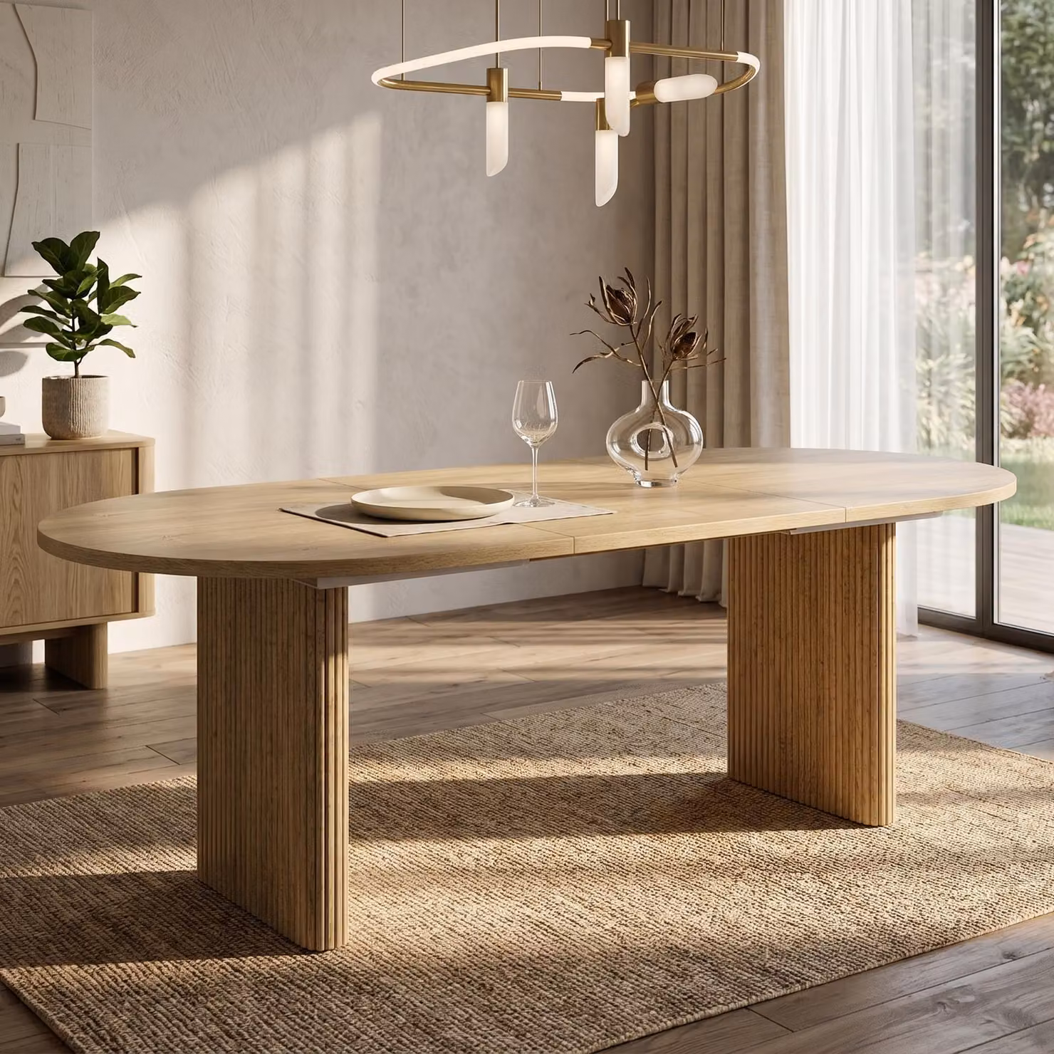 Tavolo da pranzo allungabile Flieks, adatto per 6-8 persone, tavolo da pranzo con angoli arrotondati, piano rinforzato, tavolo da cucina 200x90x75 cm, color rovere