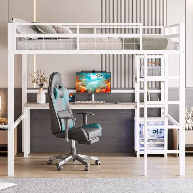 Letto a soppalco 140 x 200 cm con scrivania; ripiani; prese e USB-C; struttura in metallo e MDF; bianco