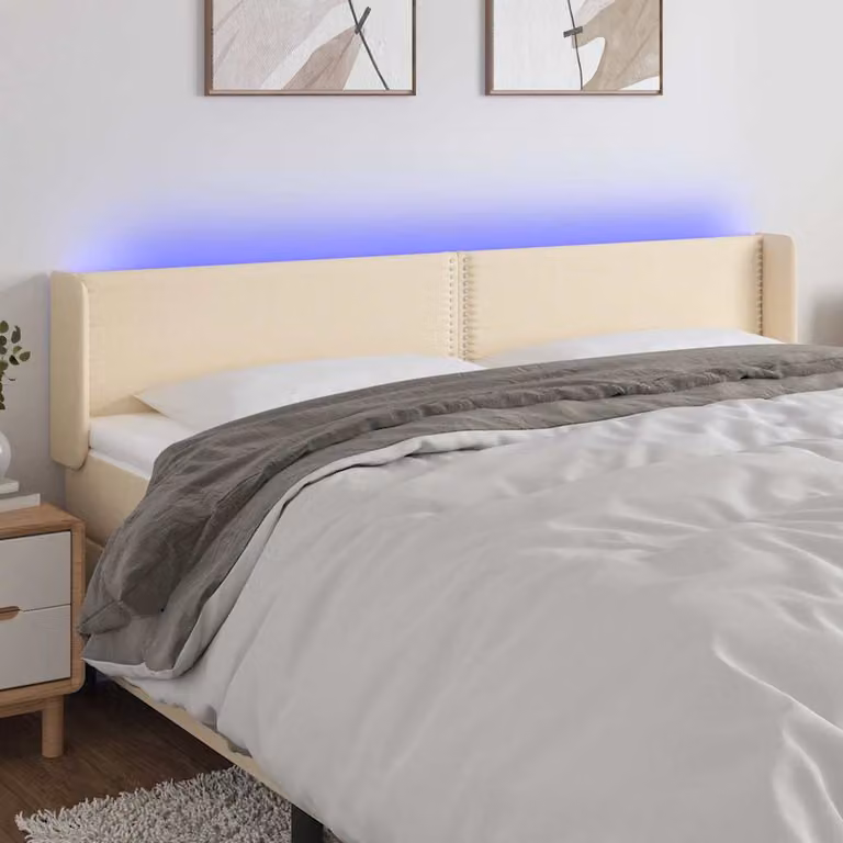 Testiera per letto vidaXL in tessuto beige con illuminazione LED integrata e porta di ricarica USB, L: 183 cm, P: 16 cm, H: 78-88 cm