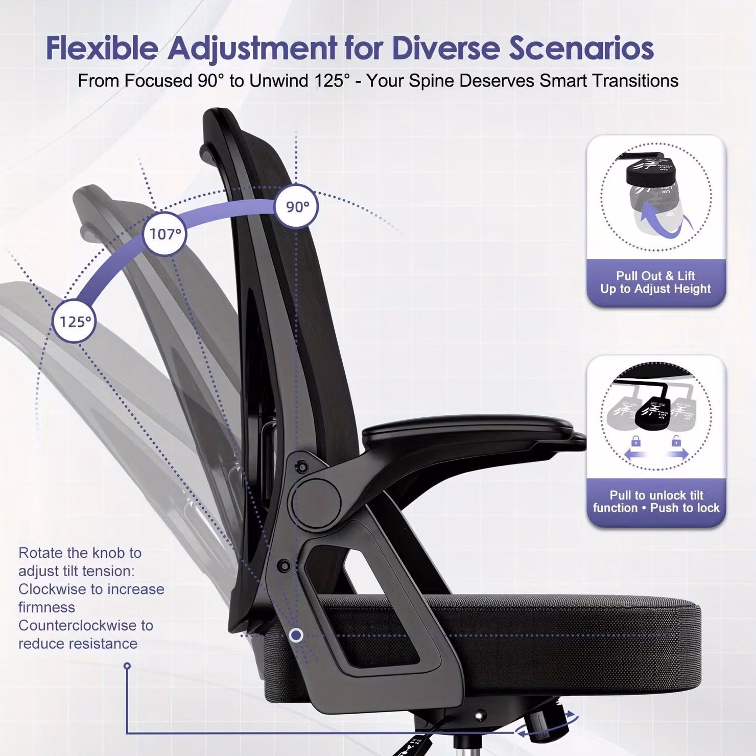 Sedia da ufficio ergonomica, con supporto lombare regolabile, braccioli pieghevoli e ruote morbide