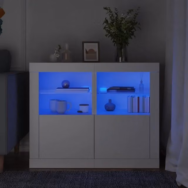Set di 2 armadietti da parete vidaXL bianchi con luci LED integrate e ripiani interni in legno e vetro per bagno in stile moderno
