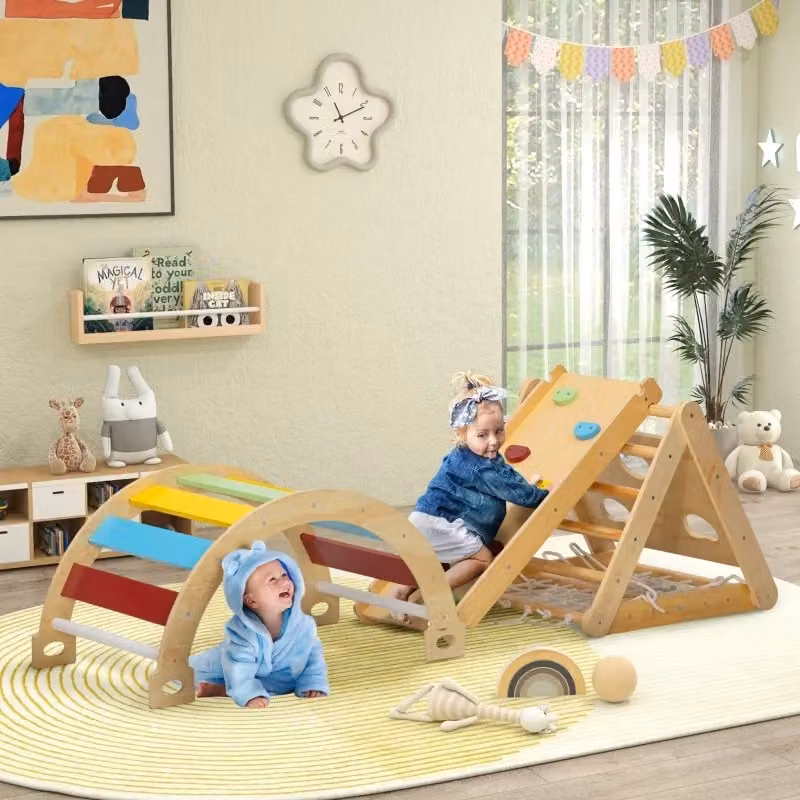 Struttura da arrampicata indoor 7 in 1 WISHDOR con scivolo, arco e rete in legno, multicolore, L: 96 cm, P: 55 cm, H: 21 cm – 2