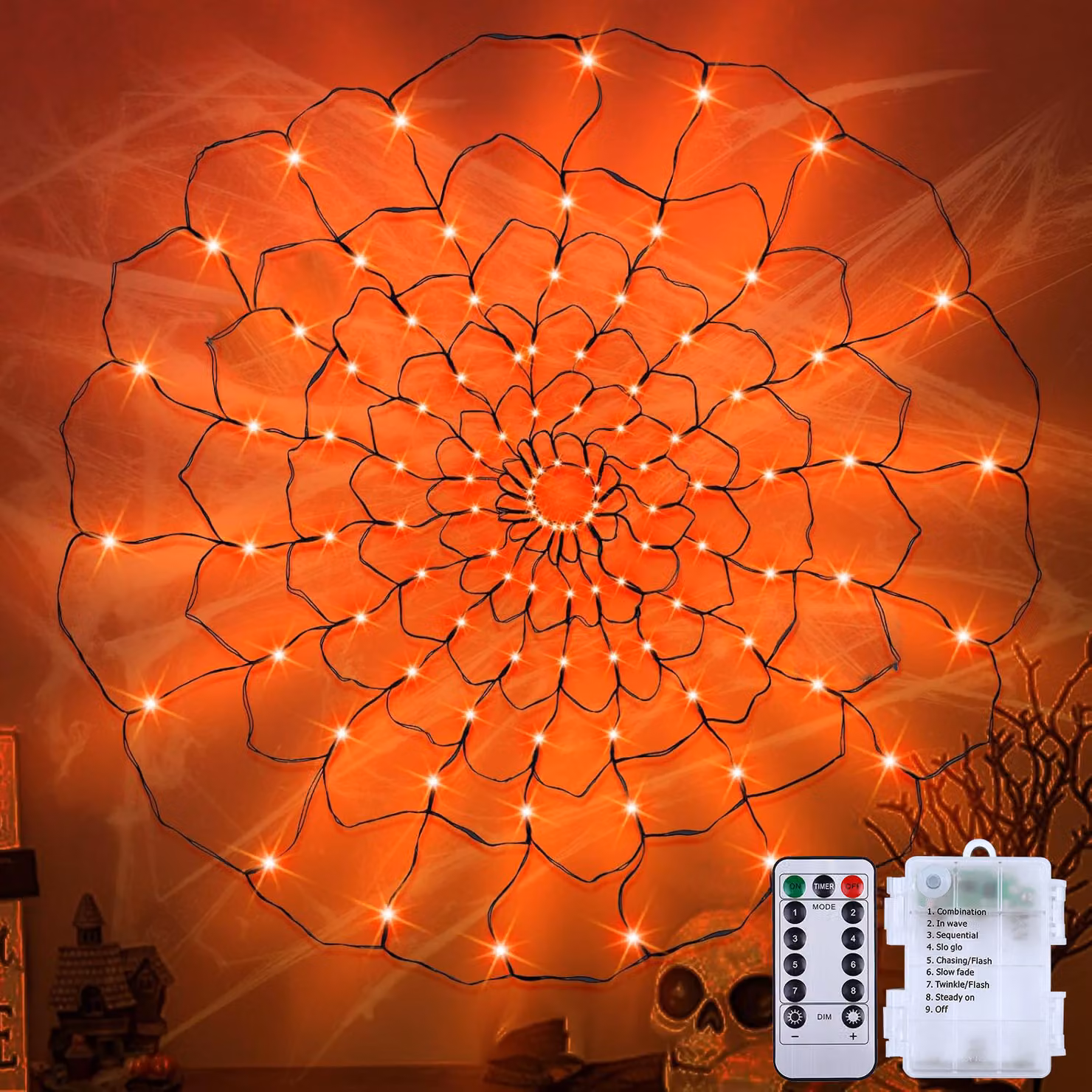 Ghirlanda luminosa a LED a forma di ragnatela per Halloween, diametro 120 cm, alimentata a batterie con telecomando, 8 modalità, intensità regolabile e timer, colore arancione