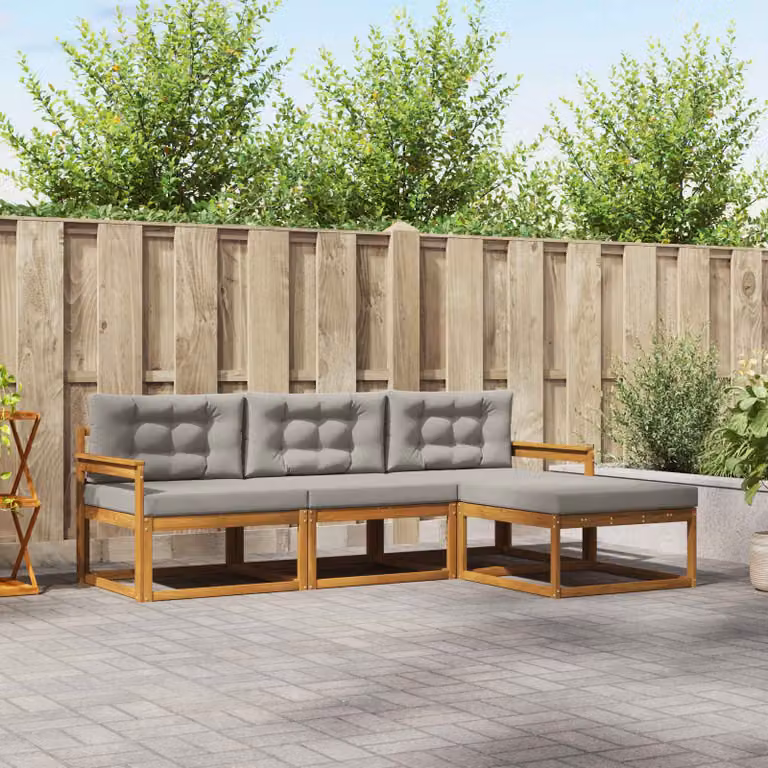 vidaXL Set di divani da esterno a L in legno di acacia con cuscini, Grigio e Marrone