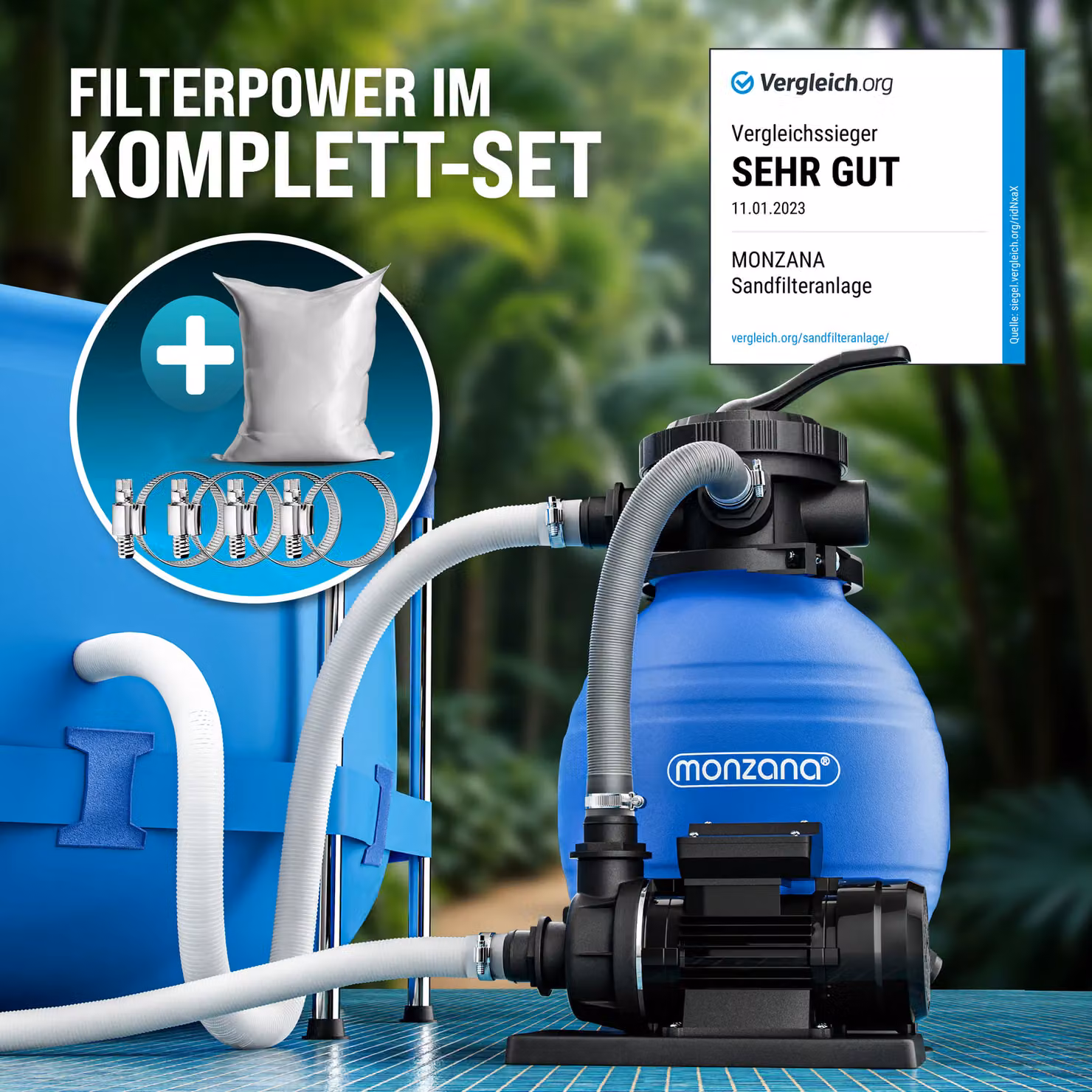 Sistema di filtraggio a sabbia Monzana con vetro filtrante, portata 10200 L/h, colori nero e blu – 2