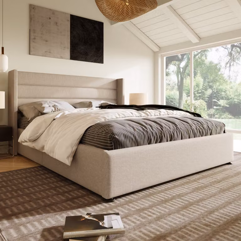 letto imbottito okwish letto matrimoniale idraulico 140x200cm, rete a doghe in legno, letto con rete a doghe in metallo, biancheria da letto, beige