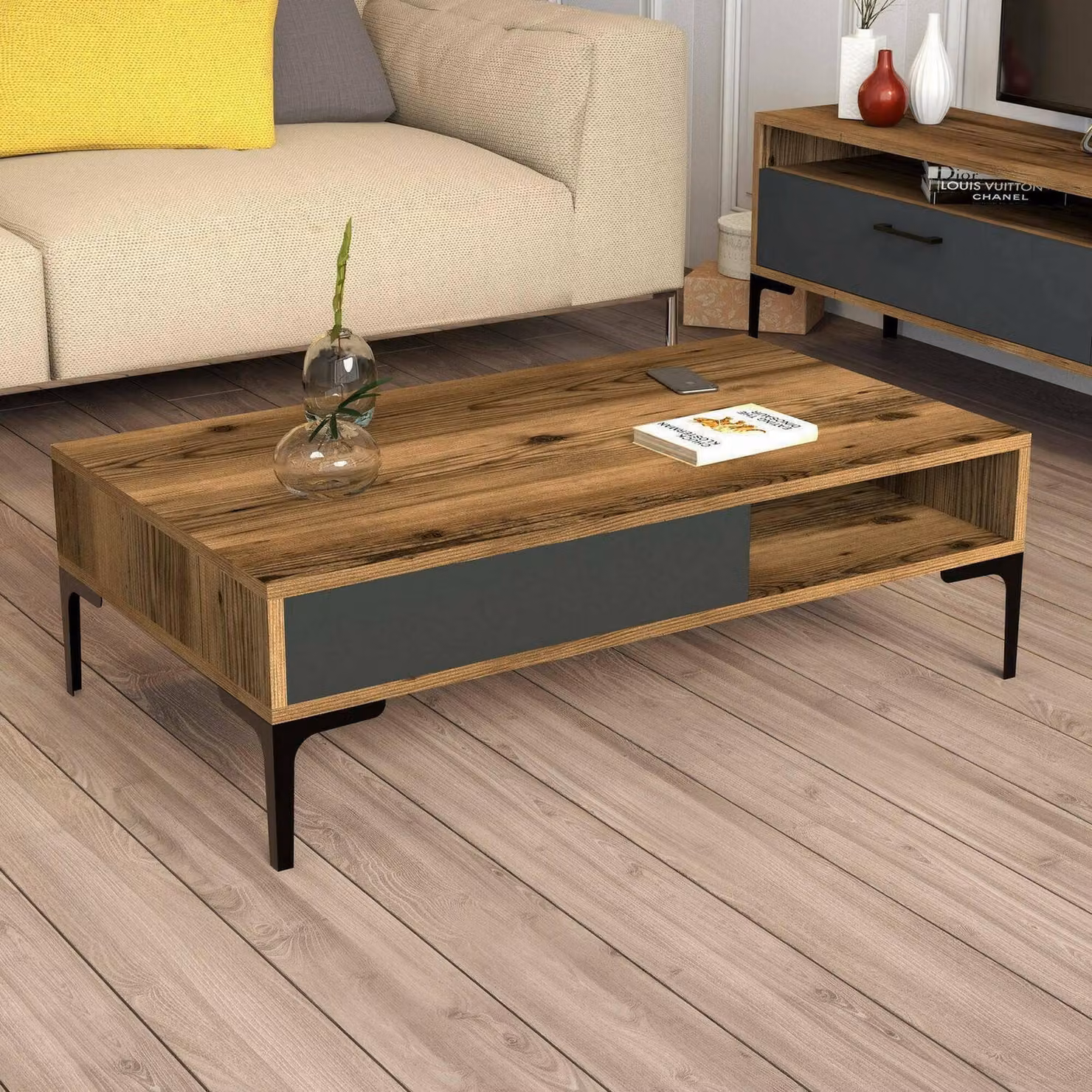 Dmora Tavolino da Salotto Gru 60x105x32.6h cm Nero Antracite, un Vano Portariviste