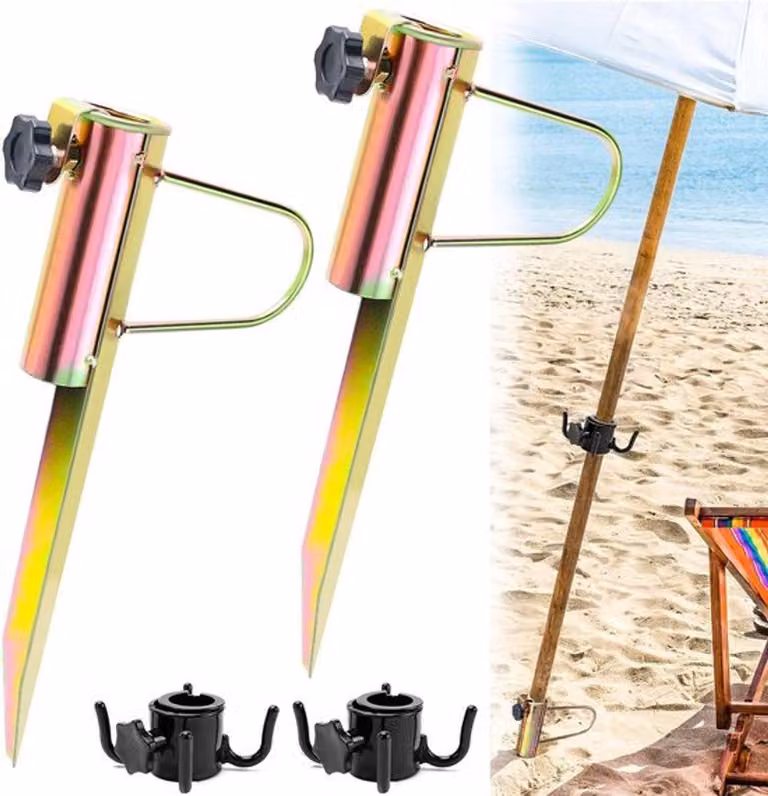 Set di 2 picchetti per ombrelloni, ideali per fissare saldamente gli ombrelloni sulla spiaggia, sull'erba o sulla sabbia. Dotati di ganci per pali da 20-35 mm