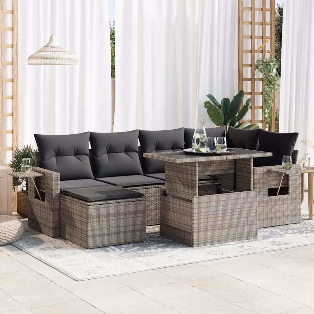 Set di divani da giardino vidaXL in polyrattan con cuscini grigi, 7 pezzi