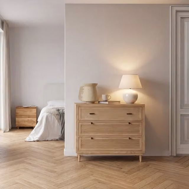 Comodino Venice Banak in legno e metallo stile scandinavo colore beige e sabbia