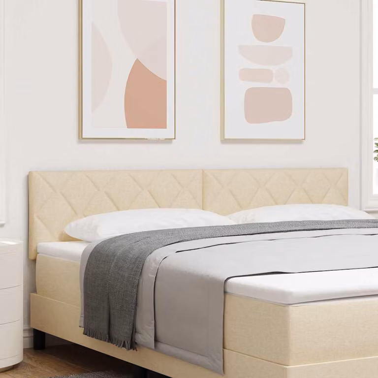 Testata letto LED, colore crema, 180 cm, rivestita in tessuto