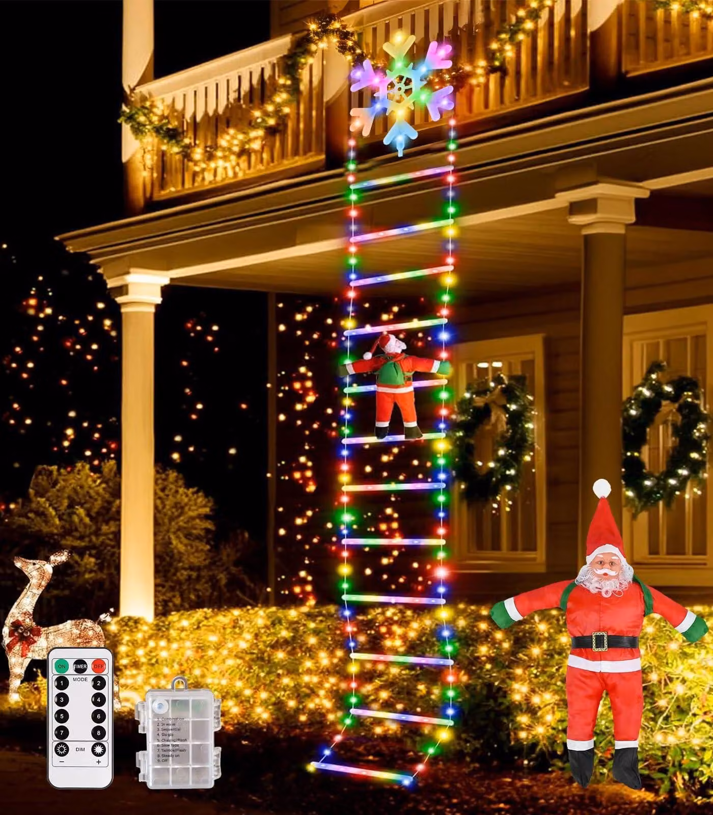 Catena luminosa a LED a forma di scala, lunghezza 3 metri, con decorazioni a tema natalizio (Babbo Natale), 295 LED, multicolore