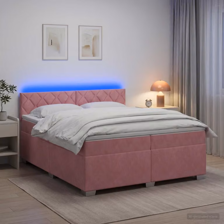 Letto con Box Spring, Materasso e Illuminazione LED vidaXL in Velluto Rosa, L/P: 200 x 200 cm