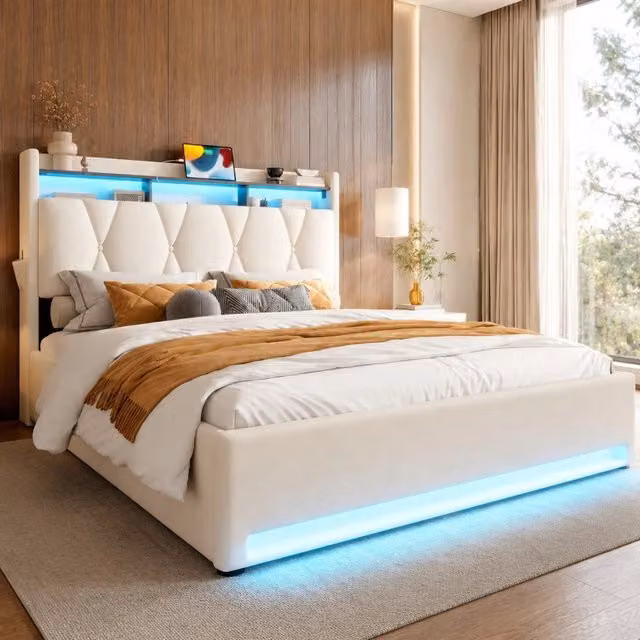 Letto contenitore 160 x 200 cm con LED; USB e Type-C; testiera con vano e ripiano; velluto beige