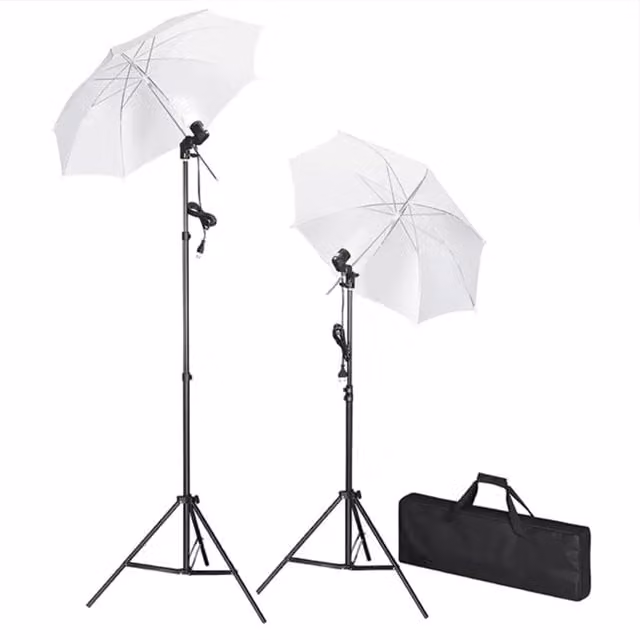 Kit Studio Fotografico Professionale vidaXL con Luci, Ombrelli, Fondale e Riflettore in Metallo e Alluminio Nero