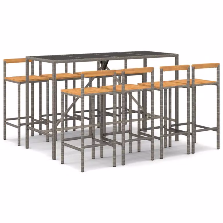 Set Bar Giardino 9pz Grigio Polyrattan e Legno Massello Acacia