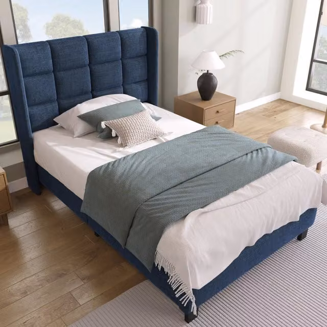 Letto singolo OKWISH con testiera imbottita, struttura in acciaio e doghe in legno, lino blu, L/P: 90 x 200 cm