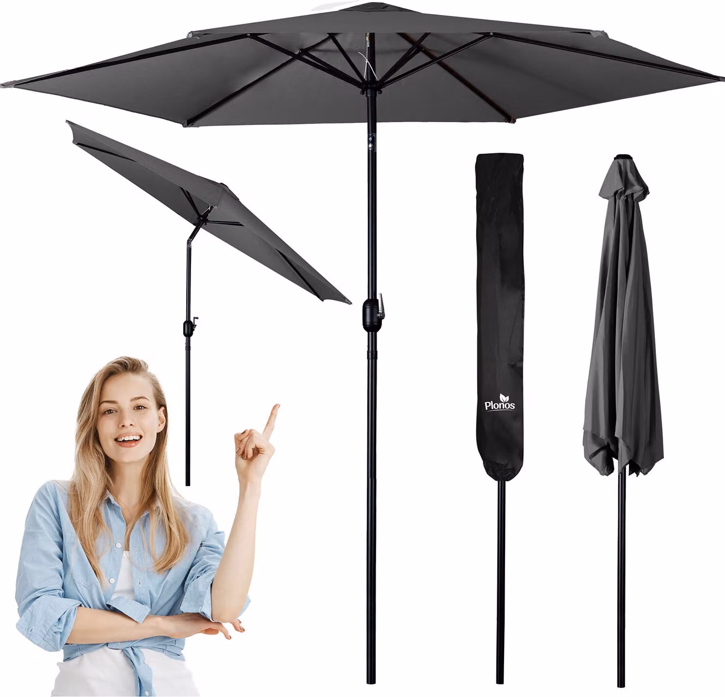 Ombrellone da giardino pieghevole a 6 segmenti 300 cm con copertura Plonos PL-884