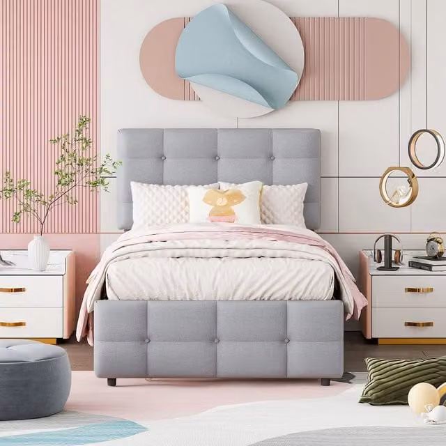 Letto singolo estraibile OKWISH grigio con testiera regolabile, L/P/H: 90 x 200 x 34 cm