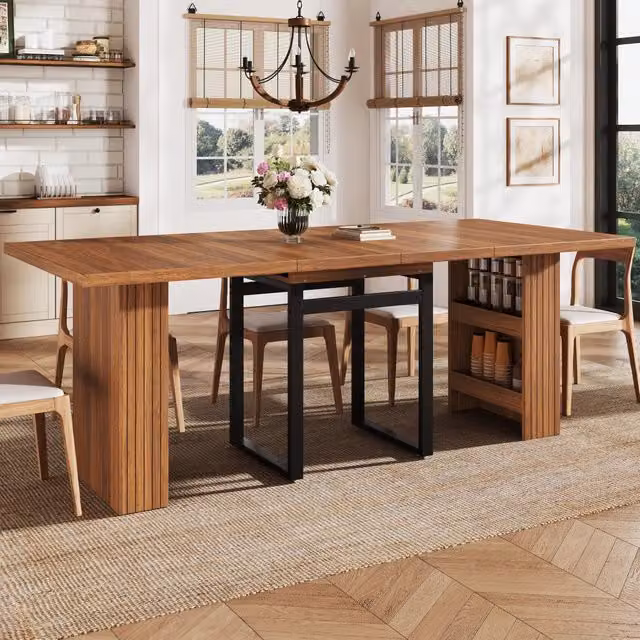Desviae Tavolo da pranzo allungabile con vano nascosto e gambe in metallo MDF marrone scuro per cucina e sala da pranzo