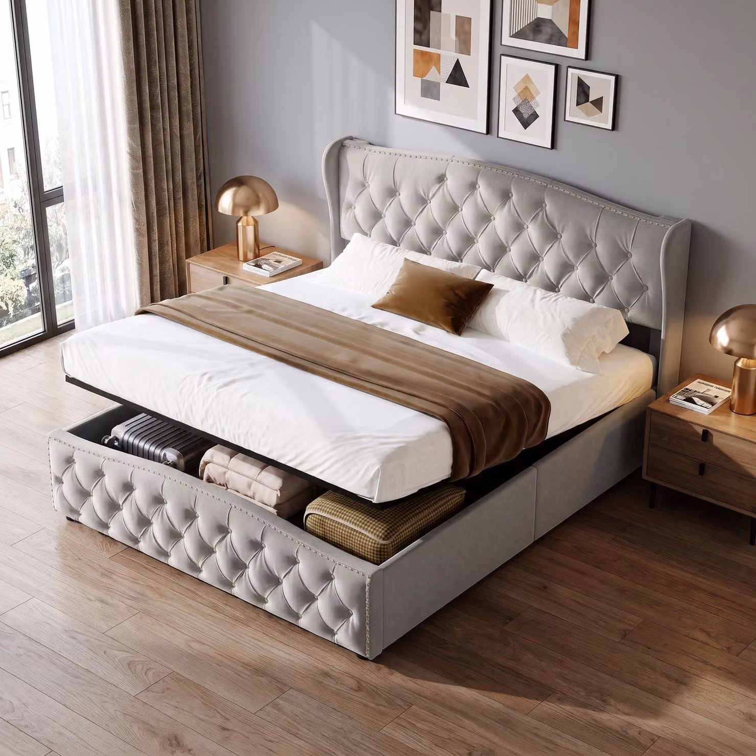 Letto imbottito INONEFT, 140x190 cm, con rete a listelli e testiera, imbottitura con borchie, letto a molle con spazio contenitore, in velluto, colore grigio