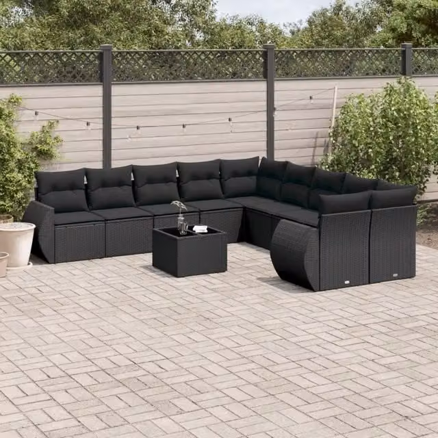 Set di Divani da Giardino a L vidaXL in Polyrattan Nero con 11 Pezzi e Cuscini Inclusi
